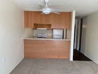 A room with a ceiling fan and a desk with a printer on it.