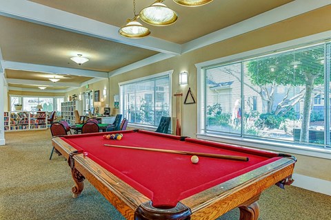 A pool table in a room with a view of trees outside the window.