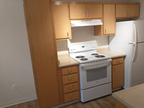 A white stove and oven in a kitchen with wooden cabinets.