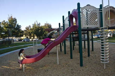 A girl in a pink shirt slides down a red slide at a playground.