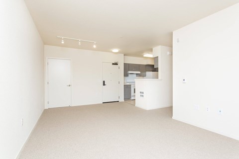 A white room with a kitchen area in the background.