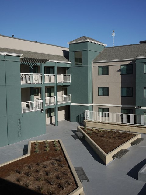 Apartment complex with greenery in the courtyard.