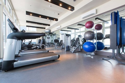 Fitness center with cardio equipment and exercise balls at View Point Apartments, Berkeley