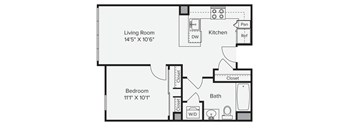 A floor plan of a small apartment with a living room, kitchen, bedroom, and bathroom. at View Point Apartments, California, 94710
