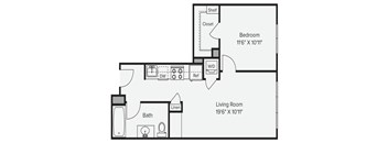 A floor plan of a small apartment with a bedroom, living room, and bathroom. at View Point Apartments, Berkeley, CA, 94710