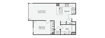 A floor plan of a small apartment with a living room, kitchen, bedroom, and bathroom. at View Point Apartments, Berkeley, CA