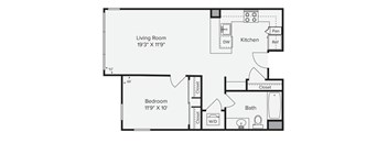 A floor plan of a small apartment with a living room, bedroom, and kitchen. at View Point Apartments, Berkeley, California