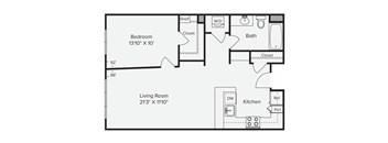 A floor plan of a room with a bedroom, living room, bathroom, and kitchen. at View Point Apartments, Berkeley