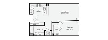 A floor plan of a small apartment with a kitchen, living room, bedroom, and bathroom. at View Point Apartments, California