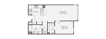 A floor plan of a living room, kitchen, and bedroom. at View Point Apartments, California, 94710
