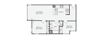 A floor plan of a small apartment with a living room, kitchen, and two bedrooms. at View Point Apartments, Berkeley, CA, 94710