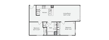 A floor plan of a living space with two bedrooms, a kitchen, and a living room at View Point Apartments, Berkeley, CA.
