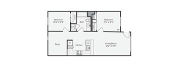 A floor plan of a home with two bedrooms, a study, a kitchen, a living room, and a bathroom at View Point Apartments, Berkeley, CA.