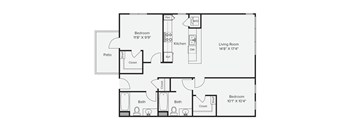 A floor plan of a home with a living room, two bedrooms, a patio, and a kitchen.