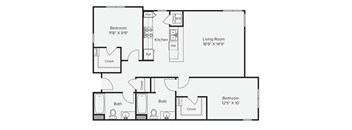 A floor plan of a home with two bedrooms, a living room, a kitchen, and two bathrooms at View Point Apartments, Berkeley, 94710.