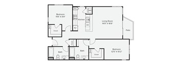 A floor plan of a house with two bedrooms, a living room, a kitchen, two bathrooms, and a patio. at View Point Apartments, Berkeley, 94710