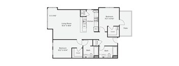 A floor plan of a house with two bedrooms, a living room, a kitchen, a bathroom, and a patio at View Point Apartments, Berkeley, California.