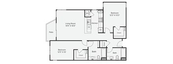 A floor plan of a house with two bedrooms, a living room, a kitchen, a bathroom with a shower, a patio, and a closet. at View Point Apartments, Berkeley