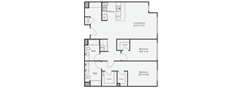 A floor plan of a home with a living room, two bathrooms, a kitchen, and two closets at View Point Apartments, California.