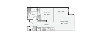 A floor plan of a living space with a bedroom, bathroom, and kitchen. at View Point Apartments, California, 94710