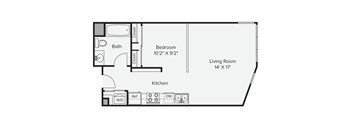 A floor plan of a small apartment with a bedroom, living room, kitchen, and bathroom at View Point Apartments, California.