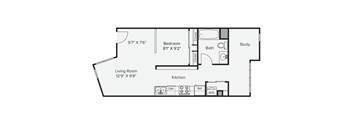 A floor plan of a small apartment with a living room, kitchen, bedroom, and bathroom. at View Point Apartments, Berkeley