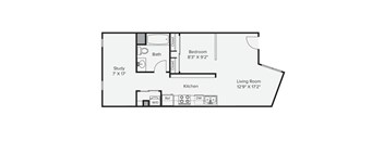 A floor plan of a small apartment with a study, kitchen, bedroom, and living room. at View Point Apartments, Berkeley, California