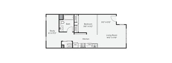 A floor plan of a small apartment with a study, kitchen, bathroom, and two bedrooms. at View Point Apartments, Berkeley, CA