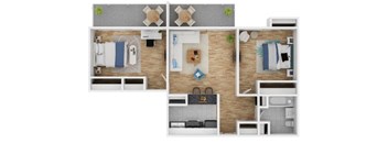 A floor plan of a house with three bedrooms, a living room, a kitchen, and a bathroom.