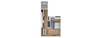 A floor plan of a small apartment with a bedroom, bathroom, and kitchen.