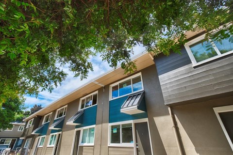A modern apartment building with balconies and large windows.