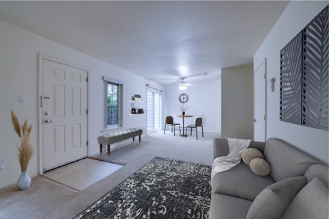 A living room with a grey couch and a black and white rug.