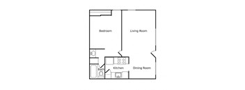 A floor plan of a small apartment with a bedroom, living room, kitchen, and dining room.