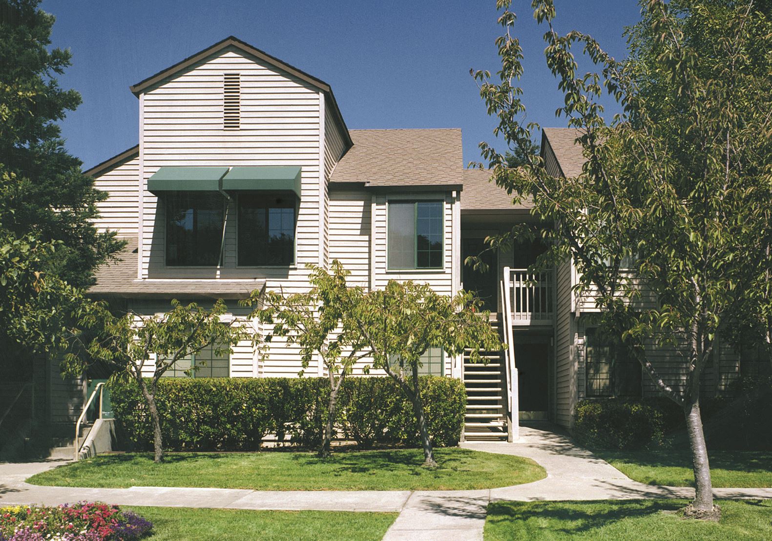 A house with a green awning and a tree in front.