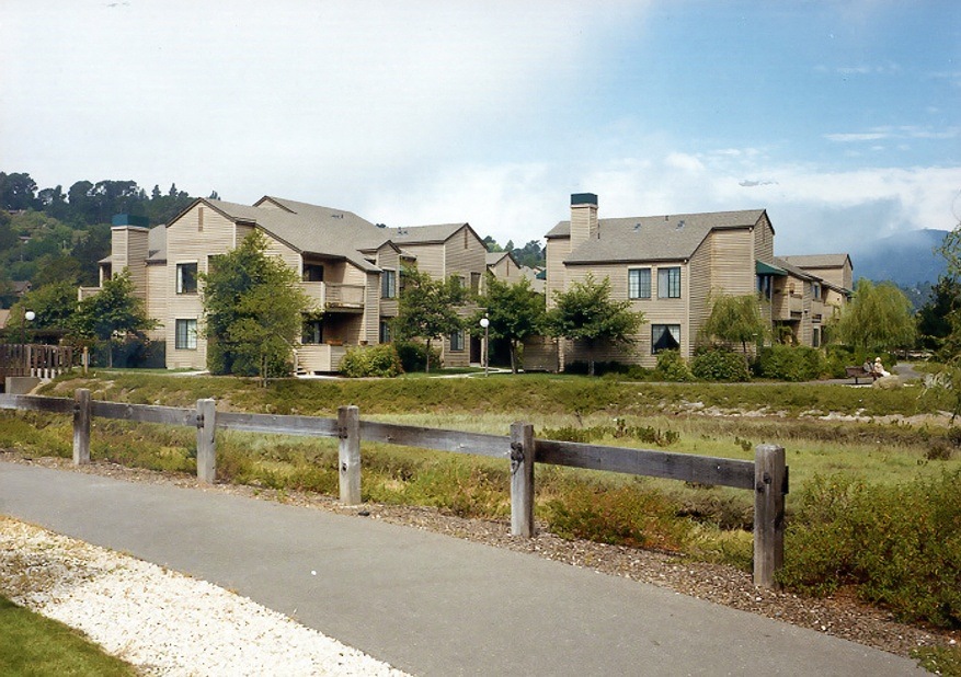 A row of houses with a fence and a path in front.