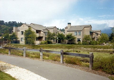 A row of houses with a fence and a path in front.