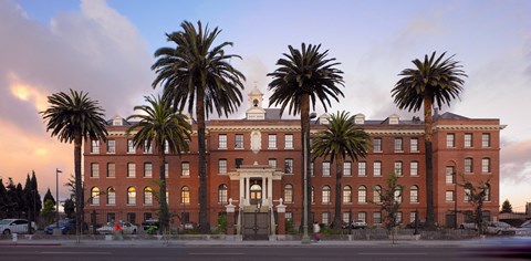 A large red building with a white dome and palm trees in front.
