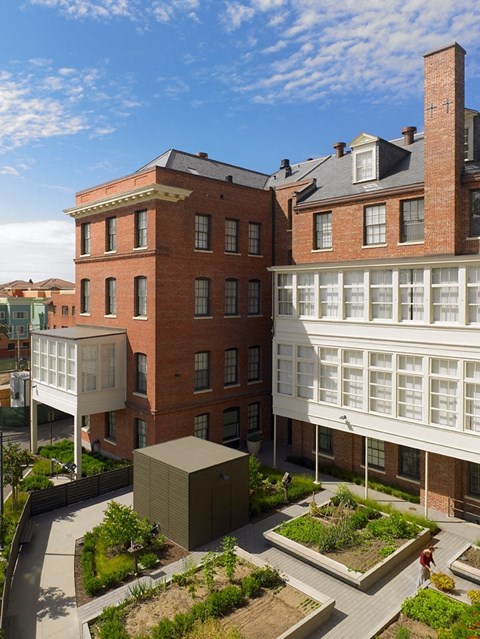 A modern building with a green roof is surrounded by other buildings.