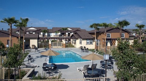 A pool surrounded by chairs and umbrellas with houses in the background.