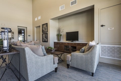A living room with a grey couch and a television.