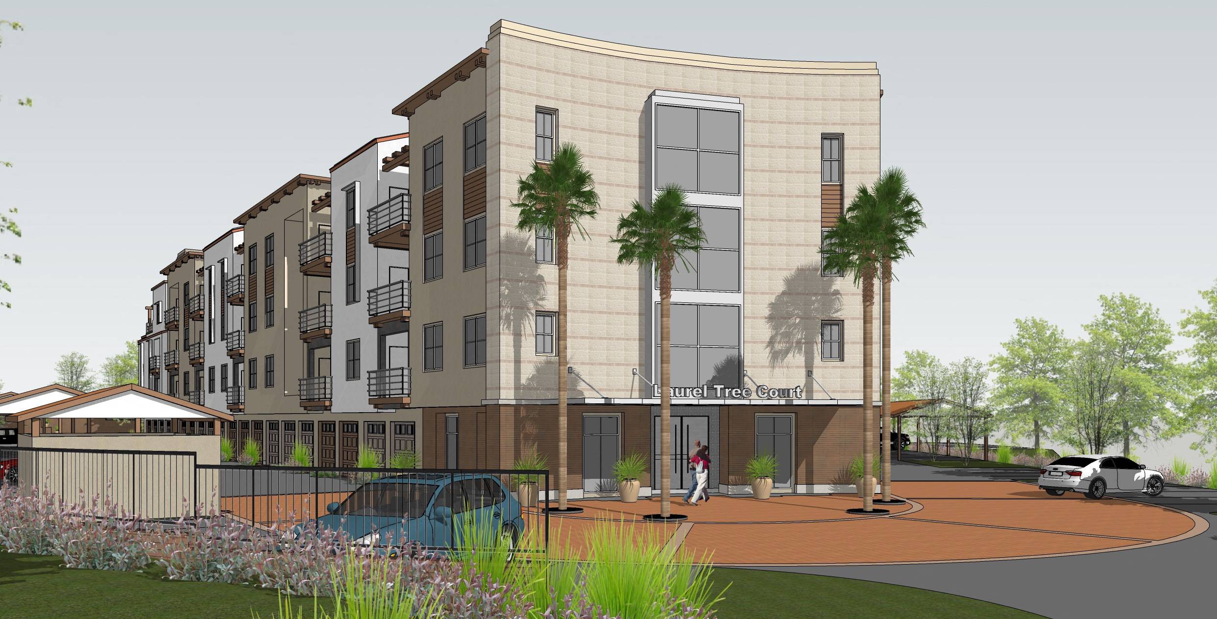 A rendering of a modern apartment complex with a sign that reads "Wholesale Tree Care.".