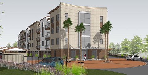 A rendering of a modern apartment complex with a sign that reads "Wholesale Tree Care.".