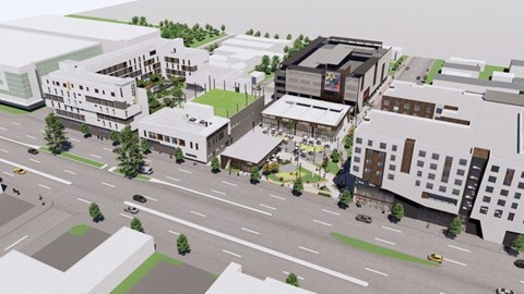 A rendering of a city street with buildings and vehicles.
