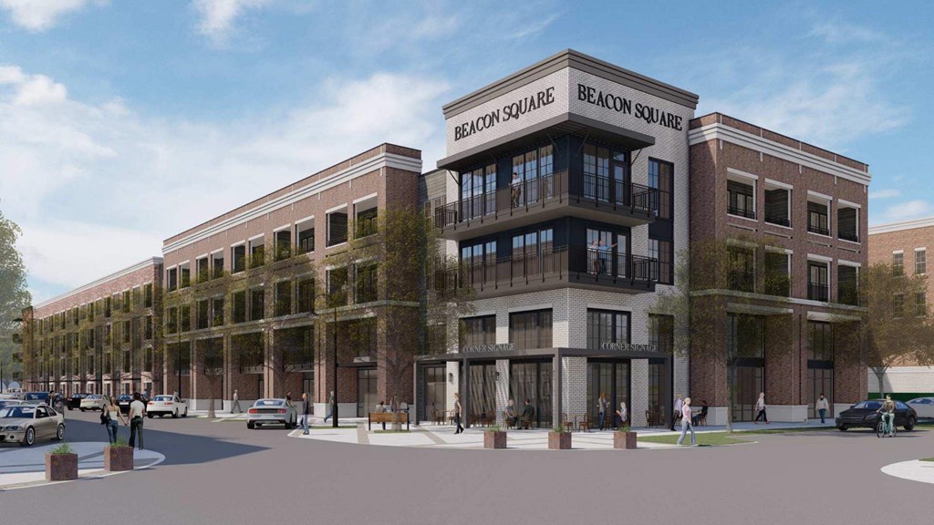 a rendering of a large brick building with many windows