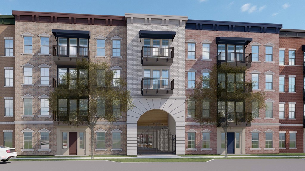 a rendering of a brick apartment building with an arched doorway and balconies