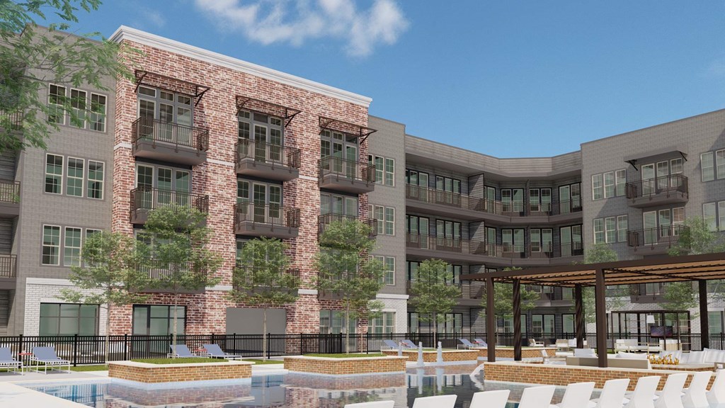 a rendering of a large apartment building with a pool in the foreground