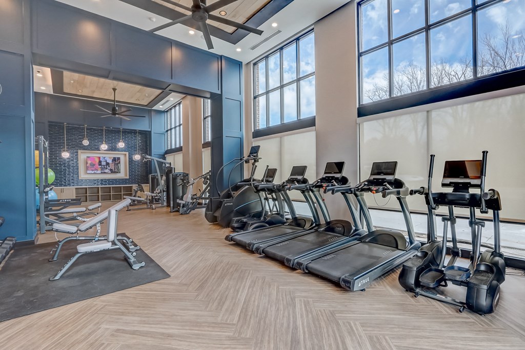 a gym with treadmills and weights and windows
