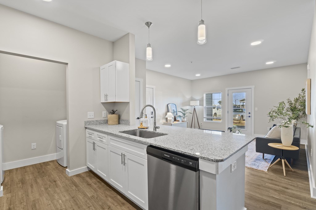A modern kitchen with a stainless steel dishwasher and white cabinets.