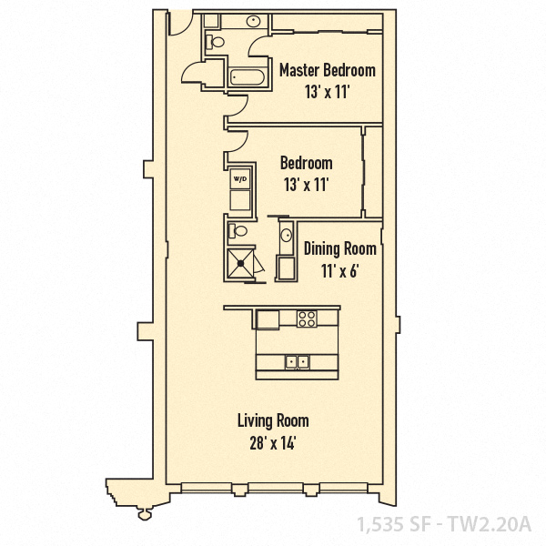 2 bedroom 2 bathroom Floor plan A at 26 West Apartments, Indiana