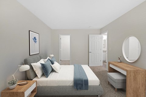 Bedroom with cozy bed at The Winds at Poplar Creek Apartments , Schaumburg, Illinois